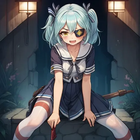 anime girl with blue hair and a sword sitting on a stone floor