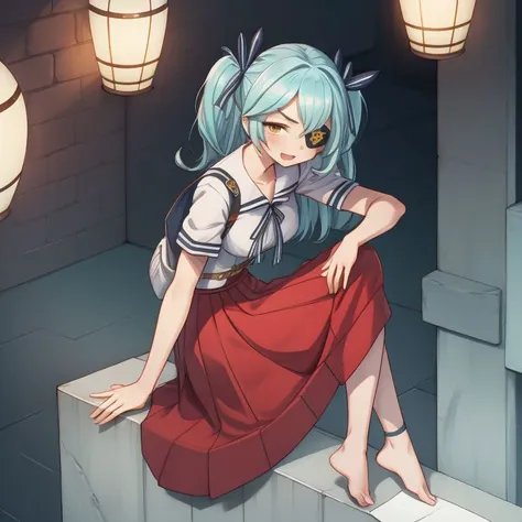 anime girl sitting on a ledge with her legs crossed