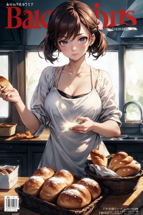 a woman holding a bun in front of a counter with bread