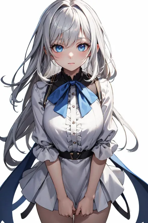 a woman with long white hair and blue eyes wearing a white shirt