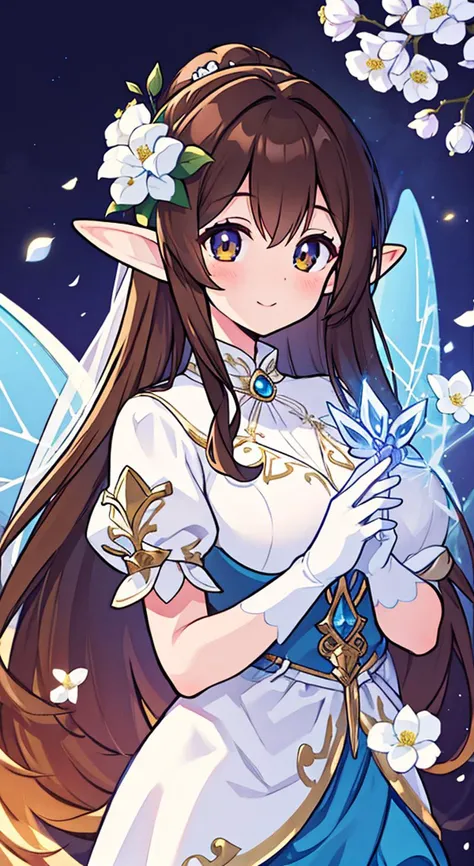 masterpiece, best quality, illustration, highres, absurdres, ultradetailed,(shiny, shiny skin, bright eyes:1.1), cute fairy girl, bridal gloves, brown hair, seductive, elf outfit, white flower, light smile, <lora:ClothingAdjuster3:-1> <lora:hair_length_sli...