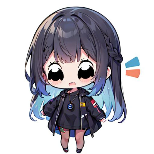 chibi emoji, open mouth,<lora:gijinkaseries_civitai:0.8>, civitai-chan, teeth, braided bangs, shirt, single vertical stripe, pantyhose,multicolored hair, black hair, blue hair, necklace <lora:exag-000009:1> <lora:hotarueye_poptepi_v080:1>