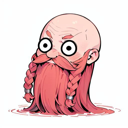 a cartoon of a bald man with a pink beard and braids