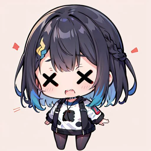 chibi emoji, dead, open mouth,<lora:gijinkaseries_civitai:0.8>, civitai-chan doing, teeth, braided bangs, shirt, single vertical stripe, pantyhose,multicolored hair, black hair, blue hair, necklace <lora:exag-000009:1> xx<lora:hotarueye_comic7_v080:1>