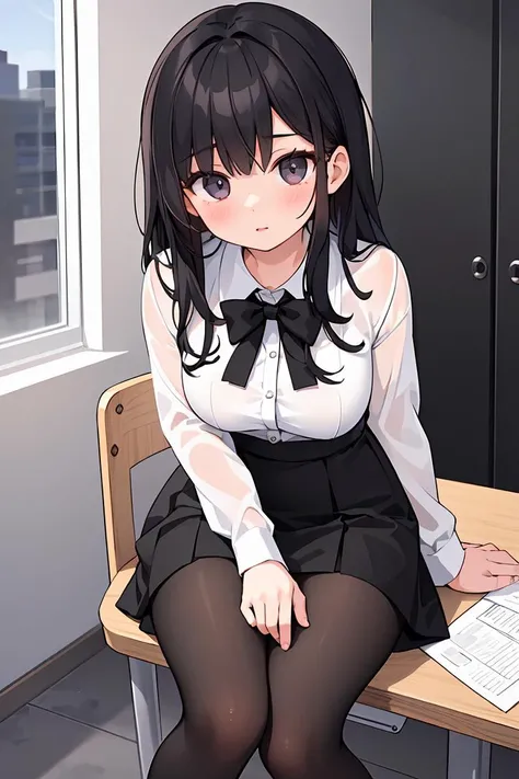 (masterpiece, best quality), a young black haired girl office secretary dressed in a transparent white blouse and black office skirt and black pantyhose ,sitting in an office chair, holding pencil, (detailed skin:1.3),(detailed eyes), (sharp focus),