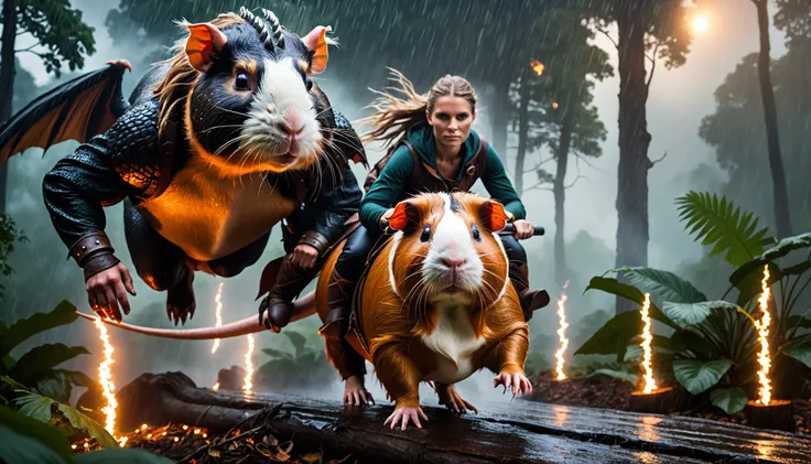 detailed photo of a giant guinea pig, in rain, epic background and light, 21 year old (viking woman riding the giant guinea pig), jungle background, thunder strike, forest fire, mist, giant trees,magical swirling lights around them, ((a dragon flying behin...