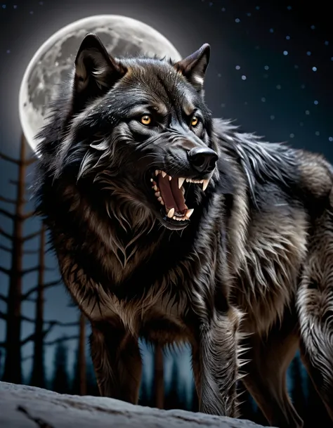 Photograph, intricate background, shoulder-level shot of a growling huge black timber wolf, Moon in the night, award-winning, National Geographic photography, cinematic lighting, Film grain, Spirals, award-winning, art by Brian Sum