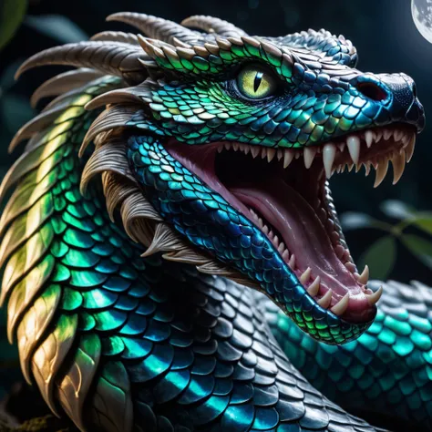 Detail-rich close-up of a mythical serpent, iridescent scales catching moonlight, venomous fangs exposed, eyes gleaming with preternatural intelligence, 85mm f/1.4 lens, magical menace, 6K resolution.