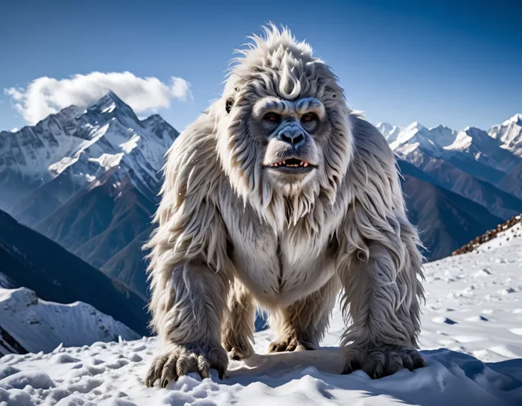 araffe standing on a snowy mountain with mountains in the background