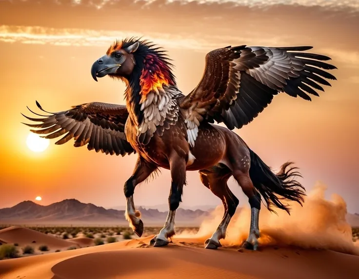 In the heart of the Arabian desert, a mythical creature, part horse, part eagle a majestic hippogriff soars against the fiery hues of a desert sunset. Photographed with a 100mm f/2.8 lens, the creatures elegant form and the warm tones of the landscape cr...