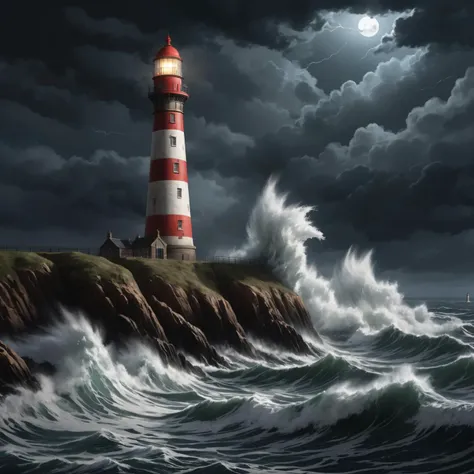 painting of a lighthouse on a rocky island with a full moon