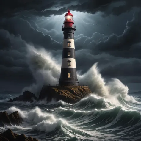 a close up of a lighthouse on a rocky shore with waves