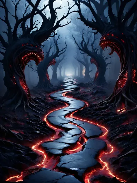 a dark forest with a path that leads to a glowing path