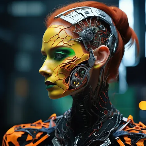 a close up of a woman with a futuristic face and head piece