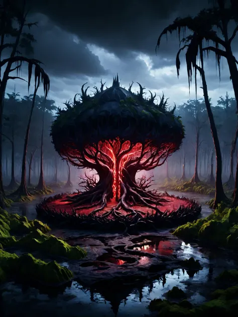 a painting of a tree with a red light in the middle of it