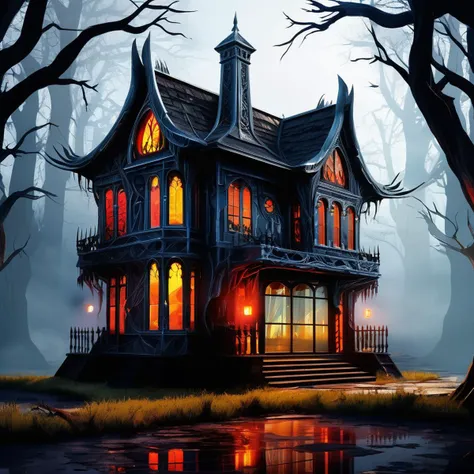 a painting of a creepy house in the woods with a pond