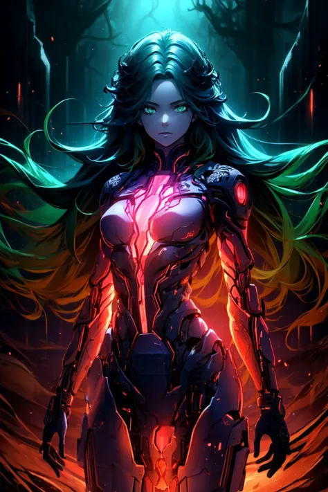 a woman with long hair and a glowing body stands in front of a dark background