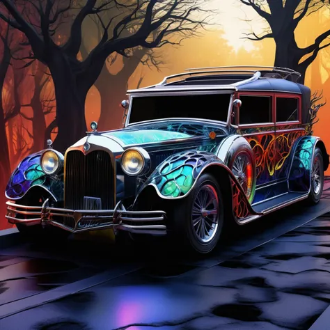 painting of a car with a colorful design on the front