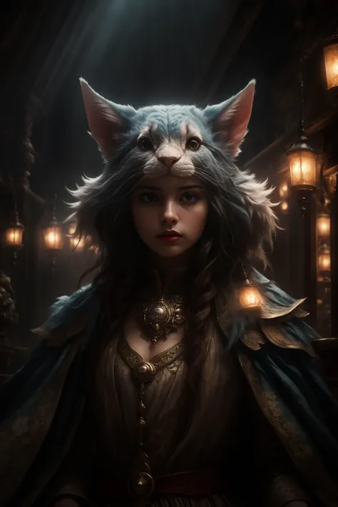 a woman with a cat's head and a cape on her head