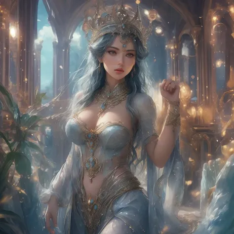 close up shot, depth of field, Goddess, mature, Atlantis, kingdom of mu, vibrant, shiny, sparkly, mist, fecundating, fertile, beautiful, voluptuous, sheer, ethereal, wonder, awe, bubbles, crystal clouds, angular, fantasy, in the style of art nouveau, bokeh...