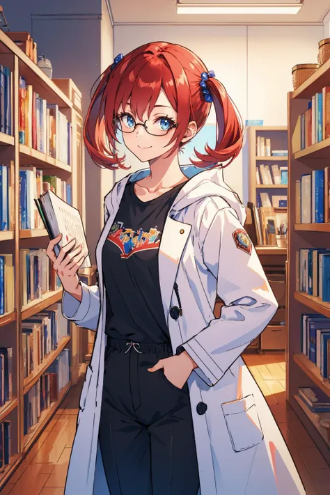 masterpiece, best quality,  <lora:diginokia-nvwls-v1-000009:0.8> digiNokia, twintails, white labcoat, black shirt, black pants, glasses, looking at viewer, indoors, bookshelf, smile