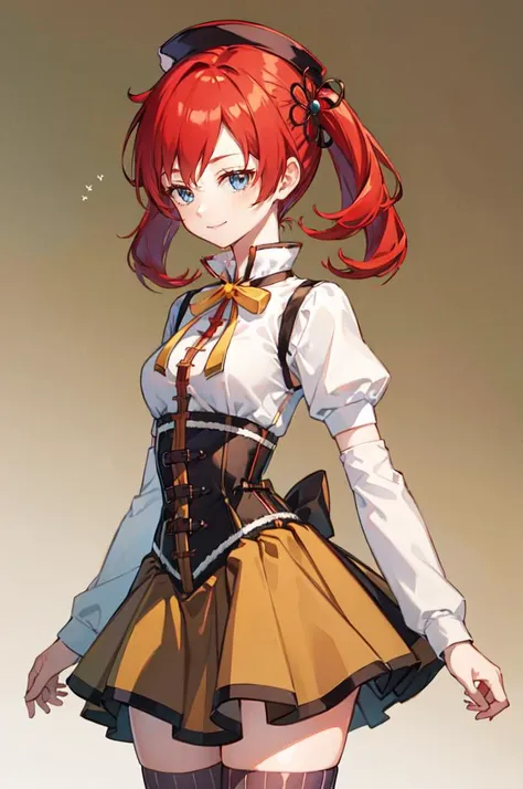 a woman in a short skirt and a white shirt with red hair