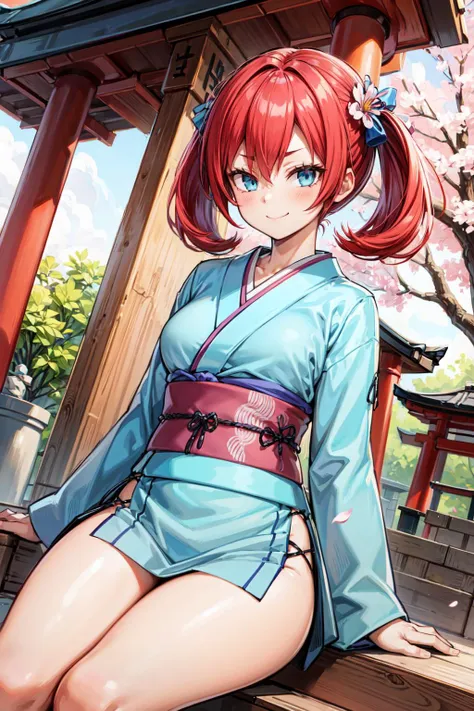 a woman in a blue kimono sitting on a wooden platform