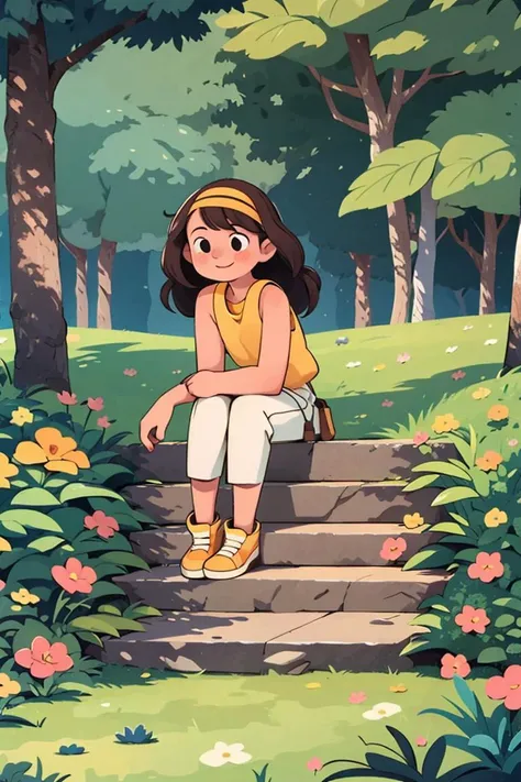 1 girl, solo, stairs, long hair, brown hair, plant, shirt, bird, sleeveless shirt, yellow footwear, sleeveless, sitting, white trousers, skirt, flower, smile, white skirt, orange footwear, leaves, black eyes, wide shot, shoe, pink flower, trousers, blush, ...