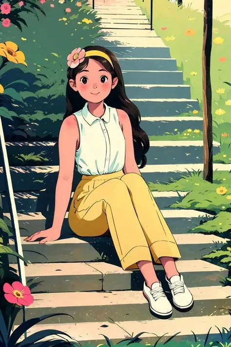 1 girl, solo, stairs, long hair, brown hair, plant, shirt, bird, sleeveless shirt, yellow footwear, sleeveless, sitting, white trousers, skirt, flower, smile, white skirt, orange footwear, leaves, black eyes, wide shot, shoe, pink flower, trousers, blush, ...