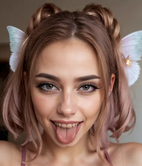 a close up of a woman with pink hair and butterfly wings on her head