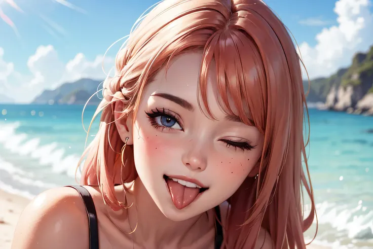 <lora:ddw_v1:0.75>, wink, one eye closed, playful smile, tongue out,, masterpiece, best quality, absurdres, highres, 4k, ray tracing, intricate details, highly detailed, (1girl:perfect face, cute, small breasts, long ginger hair, petite)