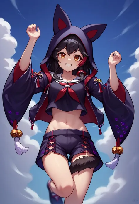 score_9, score_8_up, source_anime, 1girl, solo, mio_another, black crop top, sailor collar, black hooded jacket, animal hood, open jacket, wide sleeves, black shorts, jingle bell, tail wrap, tail around leg, midair, jumping, smile, :d, <lora:mioXL:1.0>