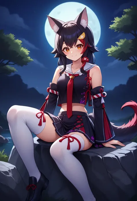 score_9, score_8_up, source_anime, 1girl, solo, mio_base, hair ornament, sailor collar, red necktie, black shirt, black skirt, detached sleeves, midriff, kouhaku nawa, white thighhighs, tail wrap, tail around leg, sitting on rock, outdoors, night, full moo...