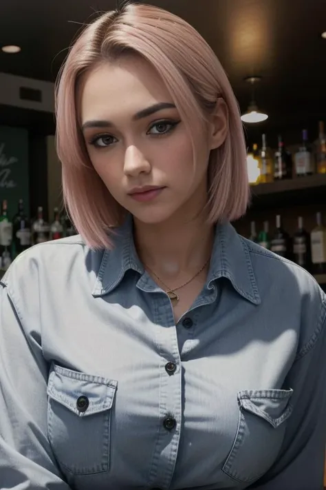 a woman with pink hair and a blue shirt sitting at a bar