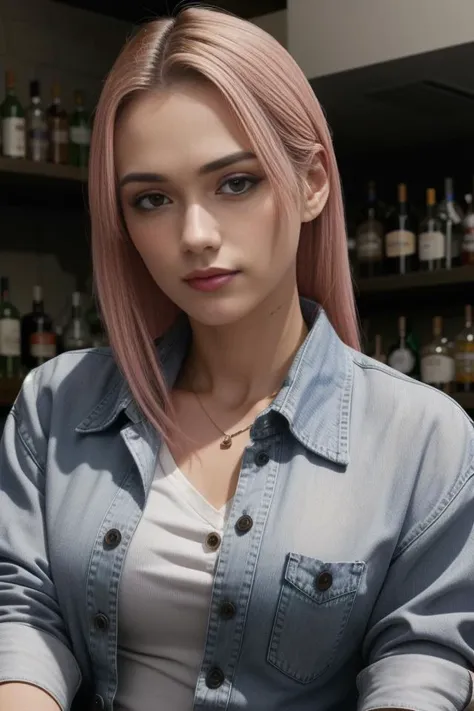 a woman with pink hair and a denim shirt sitting at a bar