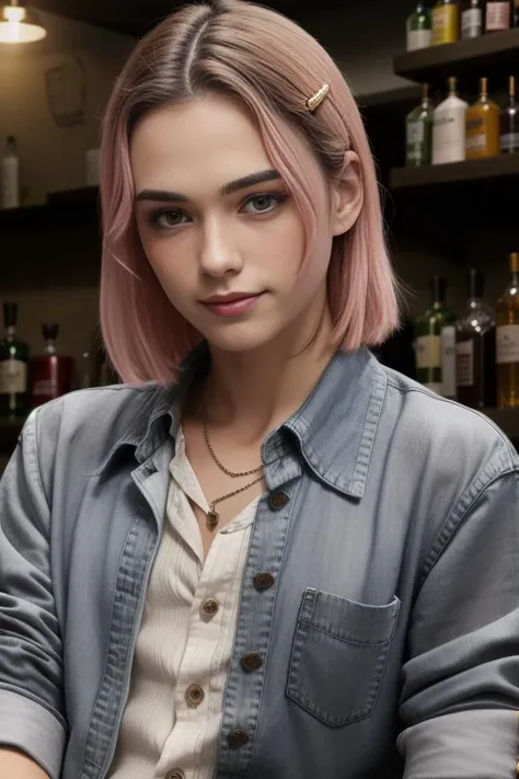 a woman with pink hair sitting at a bar with a glass of wine