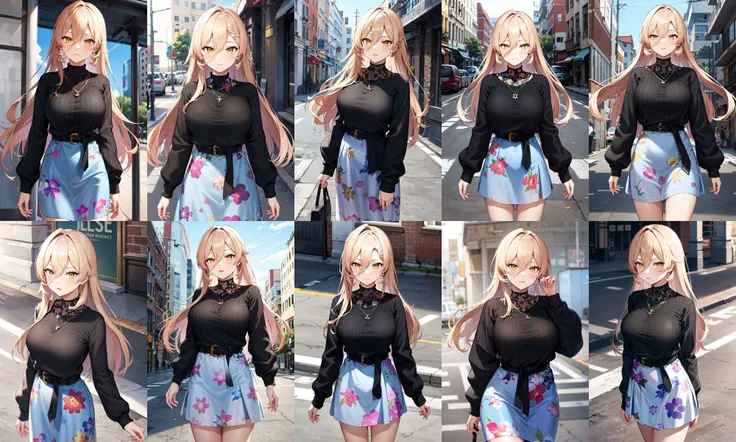 masterpiece, best quality, highres, bbnui, long hair, blonde hair, hair between eyes, yellow eyes, necklace, (black sweater:1.2), long sleeves, black belt, blue skirt, floral print, <lora:nui_sociere_v1:0.7>, standing, cowboy shot, street,