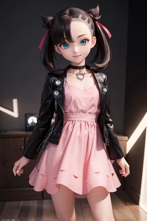 a close up of a doll wearing a pink dress and black jacket