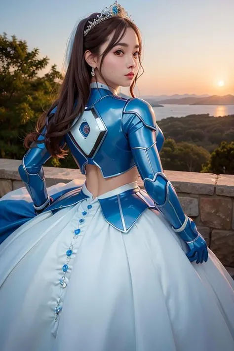 <lora:betterCuteAsian03:0.3>, (wearing wedding princess dress, big wedding skirt:1.2),(wearing blue irongirl_suit:1.2), sunset,
good hand,4k, high-res, masterpiece, best quality, head:1.3,((Hasselblad photography)), finely detailed skin, sharp focus, (cine...