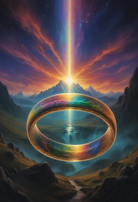 masterpiece, reality, 4k, (medium full shot) of the ring from the movie "the lord of the rings", psychedelic, prismatic