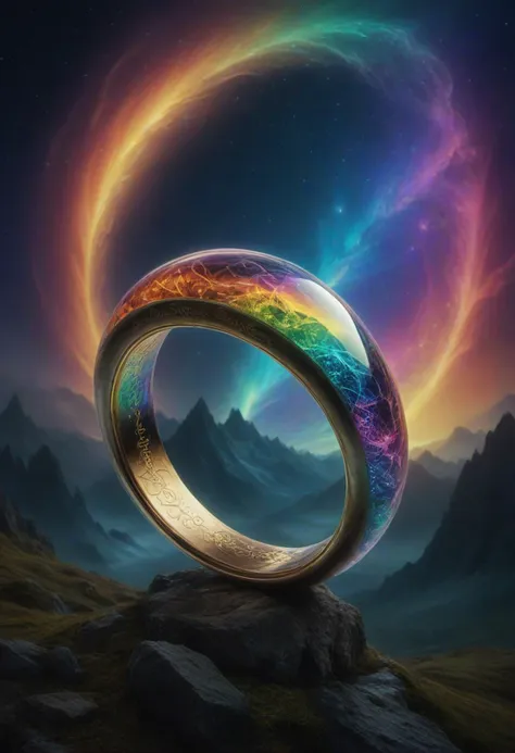 masterpiece, reality, 4k, (medium full shot) of the ring from the movie "the lord of the rings", psychedelic, prismatic