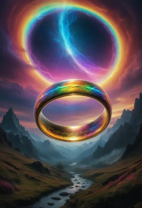 masterpiece, reality, 4k, (medium full shot) of the ring from the movie "the lord of the rings", psychedelic, prismatic