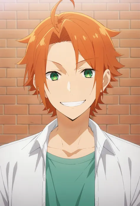 score_9, score_8_up, score_7_up, source_anime, 1boy, portrait, looking at viewer, brick wall, kouichi_shindou, orange hair, green eyes, ahoge, short hair, bangs, parted bangs, happy, grin, layered clothes, white shirt, open shirt, t-shirt, anime coloring, ...