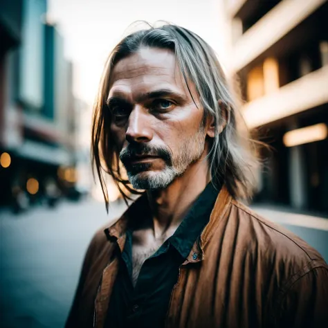 RAW photo, a close up portrait photo of brutal 45 y.o man in wastelander clothes, long haircut, pale skin, slim body, background is city ruins, (high detailed skin:1.2), 8k uhd, dslr, soft lighting, high quality, film grain, Fujifilm XT3