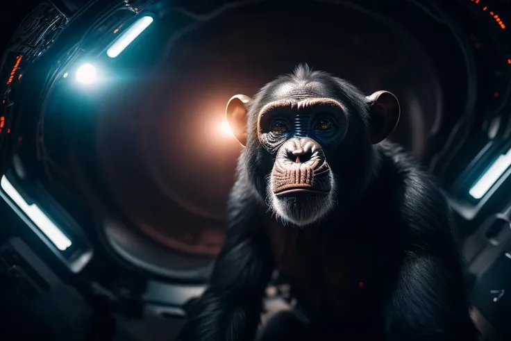 Award winning wide view photo of one Chimpanzee wearing an space suit, exploring a large alien ship. 8k.sharp focus.dramatic lighting