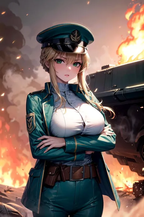 (masterpiece, best quality, detailed), 1girl, solo, artoriaLancer, braid, looking at viewer, large breasts,
military uniform, military, soldier, belt, green pants, military hat, green jacket, metal, world war ii, war, military vehicle, battlefield, battle,...