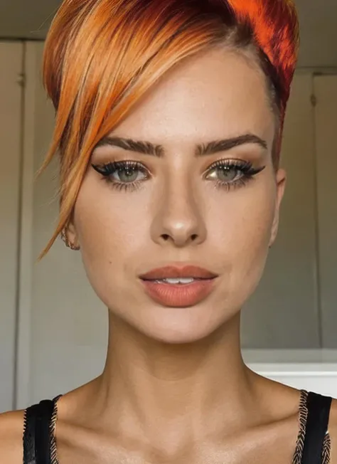 photo of sks woman in bikini by Flora Borsi with the mouth closed, style by Flora Borsi, bold, bright colours, orange Mohawk haircut, ((Flora Borsi)), <lora:lachina:1>