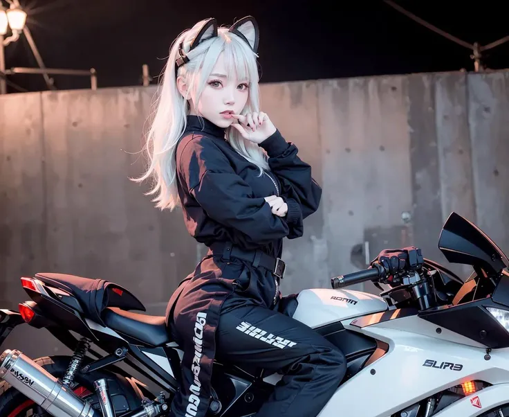 <lora:yhmotorbikev0.2:0.95> masterpiece, best quality, beautiful face, 1girl, with cat-ears on head, fur, wearing red techwear jacket and trousers with buckle and tape, (riding a white yhmotorbike on a city street), posing for a picture, (Cobalt bob cut), ...