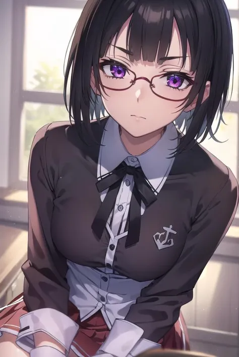 sounasitri, <lora:souna sitri anime s1-lora-nochekaiser:1>,
souna sitri, short hair, black hair, hair ornament, glasses, hairclip, bangs, blunt bangs, (purple eyes:1.1),
BREAK shirt, ribbon, school uniform, white shirt, black ribbon, neck ribbon, capelet, ...