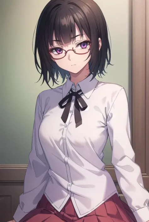 sounasitri, <lora:souna sitri anime s1-lora-nochekaiser:1>,
souna sitri, short hair, black hair, hair ornament, glasses, hairclip, bangs, blunt bangs, (purple eyes:1.1),
BREAK shirt, ribbon, school uniform, white shirt, black ribbon, neck ribbon, capelet, ...